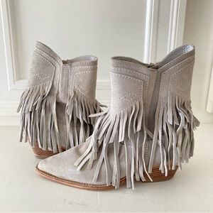 NWT Free People Lawless Fringe Creme Suede Western Boots Sz 38.5
